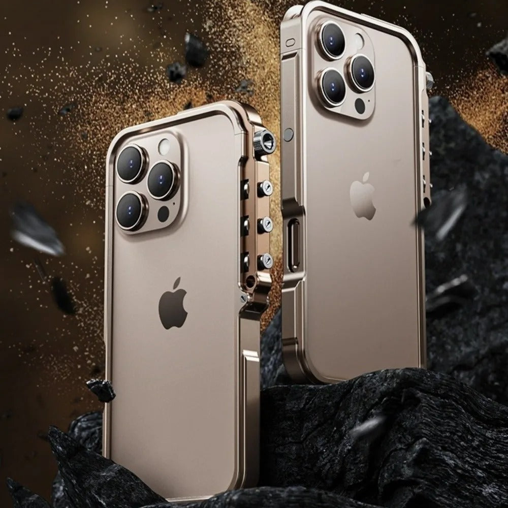 Rugged iPhone Case — Ultra-Light Aluminum Alloy Mecha Bumper with Military-Grade 360° Drop Protection, Shockproof Design and Lanyard Support