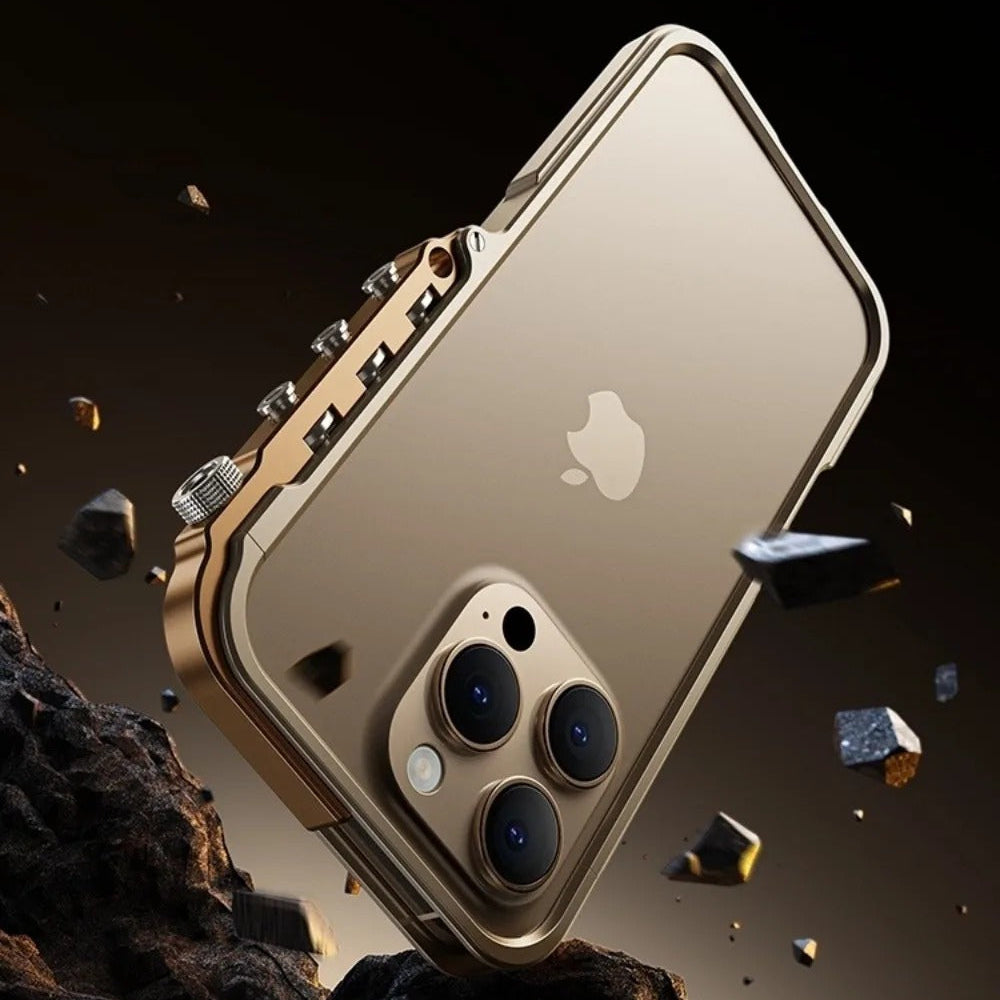 Rugged iPhone Case — Ultra-Light Aluminum Alloy Mecha Bumper with Military-Grade 360° Drop Protection, Shockproof Design and Lanyard Support
