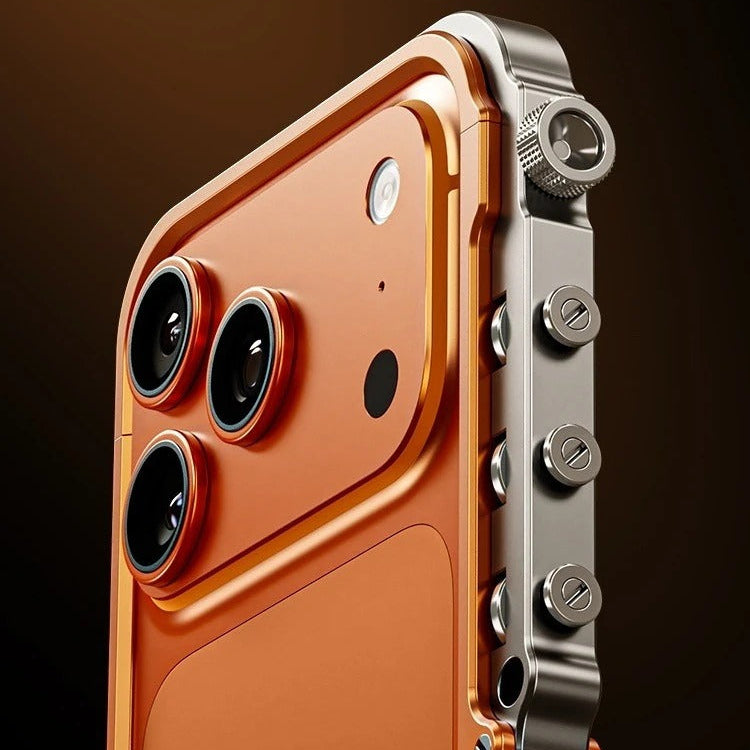 Rugged iPhone Case — Ultra-Light Aluminum Alloy Mecha Bumper with Military-Grade 360° Drop Protection, Shockproof Design and Lanyard Support