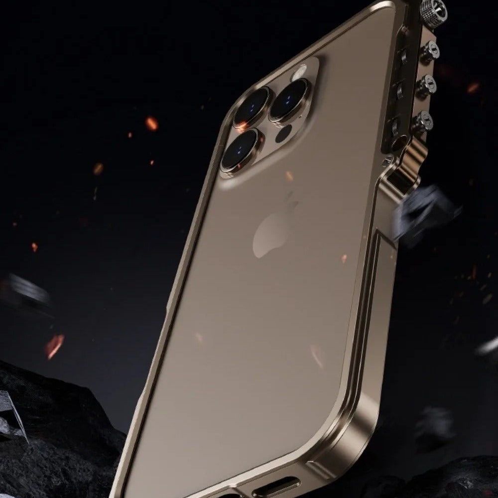 Rugged iPhone Case — Ultra-Light Aluminum Alloy Mecha Bumper with Military-Grade 360° Drop Protection, Shockproof Design and Lanyard Support