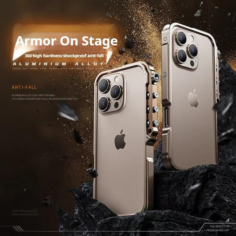 Rugged iPhone Case — Ultra-Light Aluminum Alloy Mecha Bumper with Military-Grade 360° Drop Protection, Shockproof Design and Lanyard Support