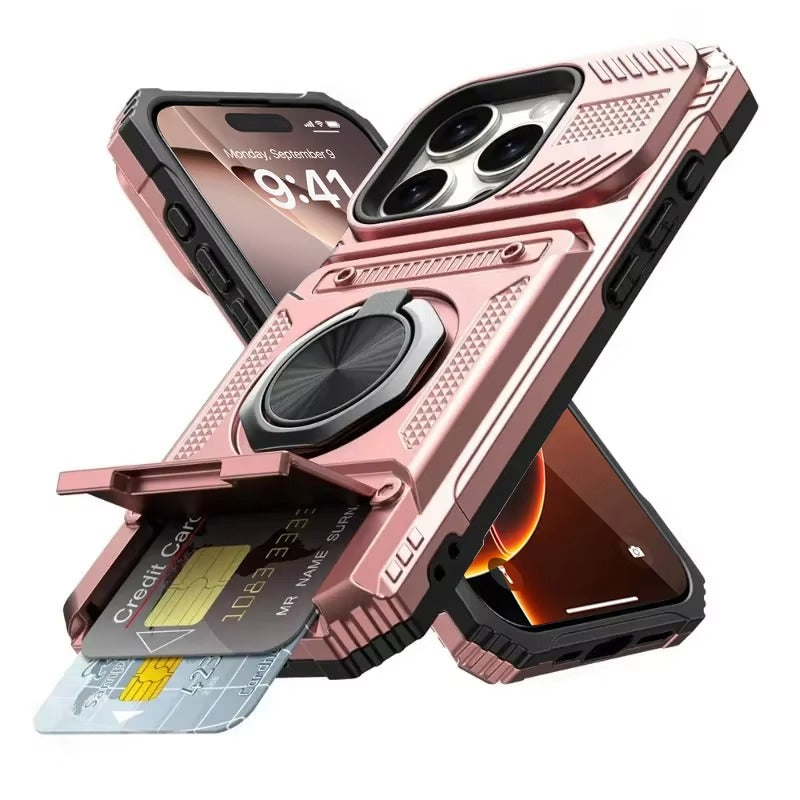 Rugged iPhone Magnetic Wallet Case with Ring Stand — Heavy Duty Armor Drop Protection, Dual Layer Shockproof Cover, Anti-Fingerprint Scratch-Resistant Design