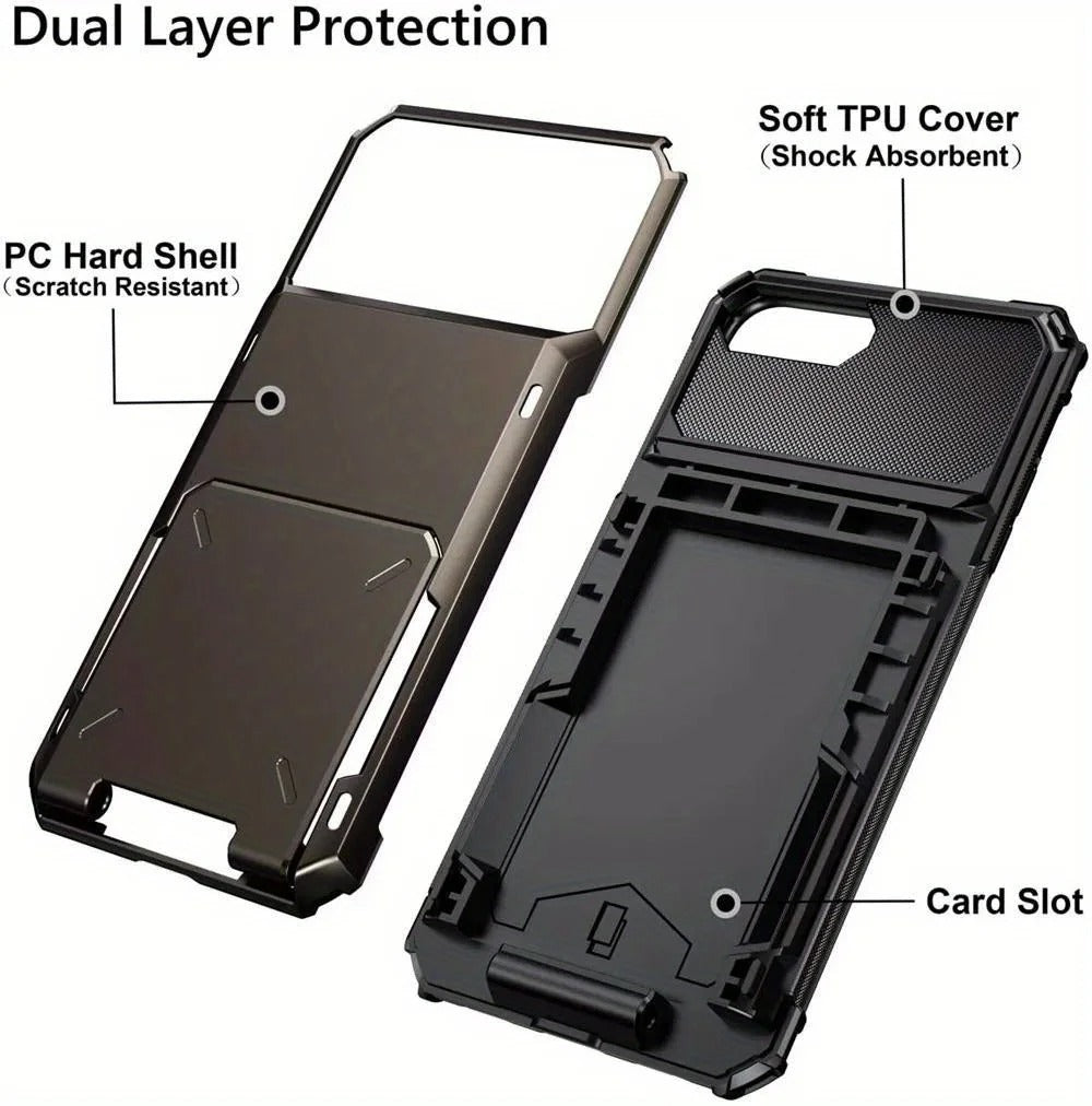 Rugged iPhone Wallet Case with Card Holder — TPU Armor Bumper Full Coverage, Magnetic Ring Kickstand, Military Grade Shockproof Scratch-Resistant Design