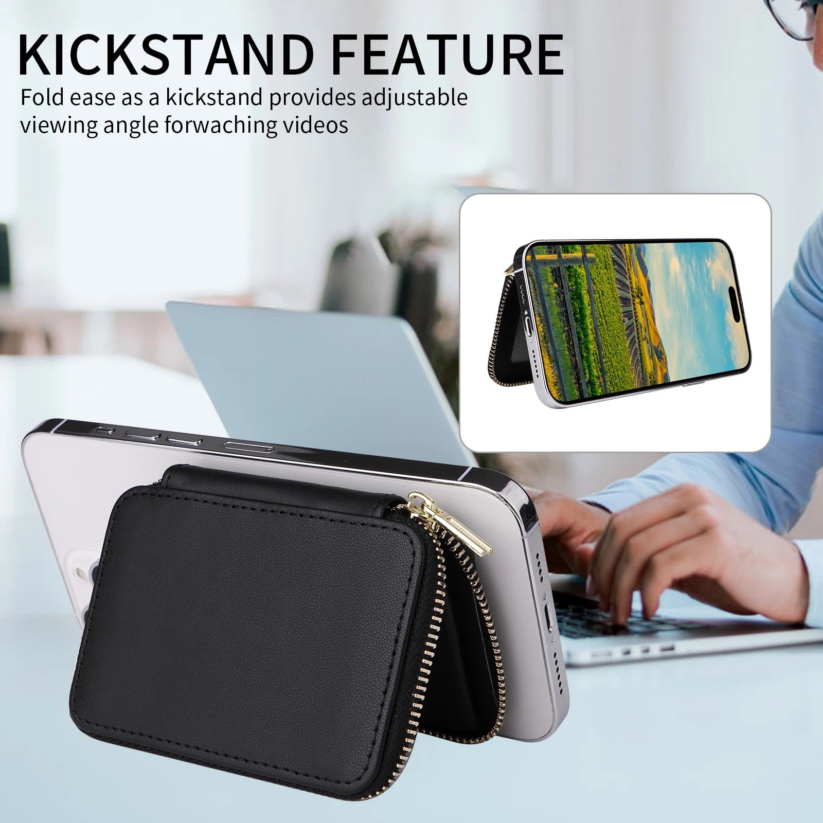 Refined iPhone Magnetic Leather Wallet, MagSafe-Compatible Card Holder with RFID Blocking, Slim Storage Design with Lanyard Support