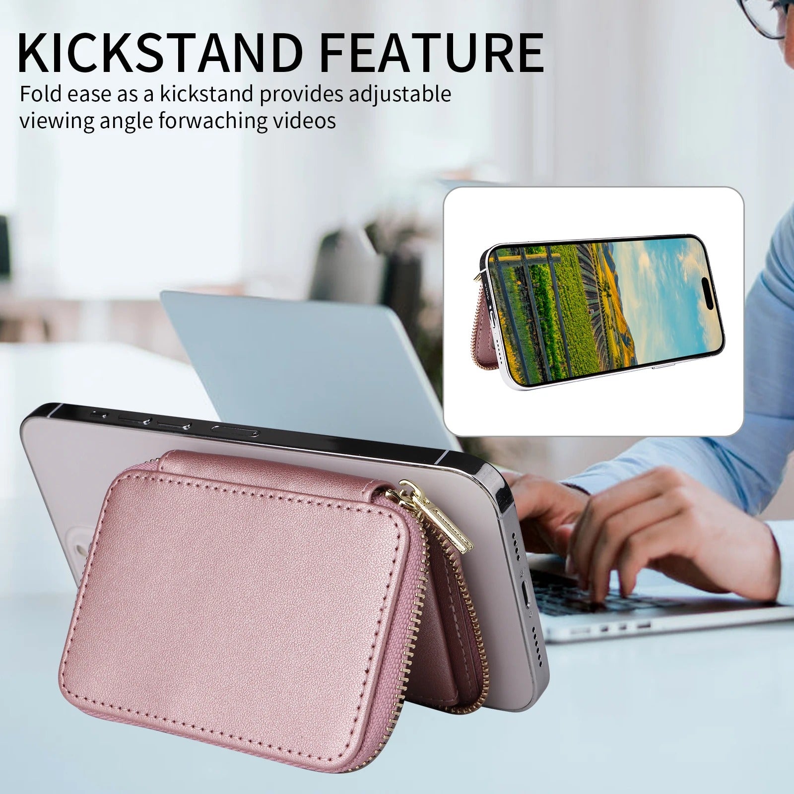 Refined iPhone Magnetic Leather Wallet, MagSafe-Compatible Card Holder with RFID Blocking, Slim Storage Design with Lanyard Support