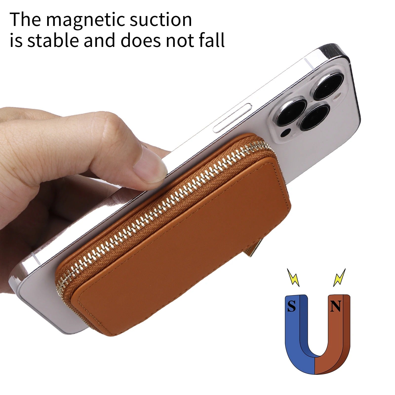 Refined iPhone Magnetic Leather Wallet, MagSafe-Compatible Card Holder with RFID Blocking, Slim Storage Design with Lanyard Support