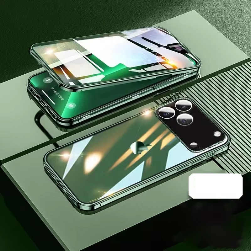 Luxury iPhone Case — 360° Full Protection Double-Sided Magnetic Glass with Aluminum Alloy Frame, Snap-Lock Bumper Cover, Shockproof, Anti-Scratch Design