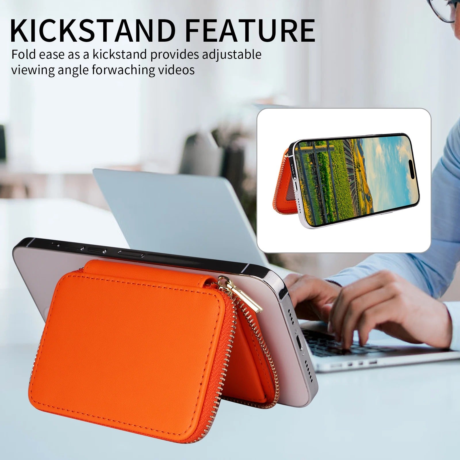Refined iPhone Magnetic Leather Wallet, MagSafe-Compatible Card Holder with RFID Blocking, Slim Storage Design with Lanyard Support