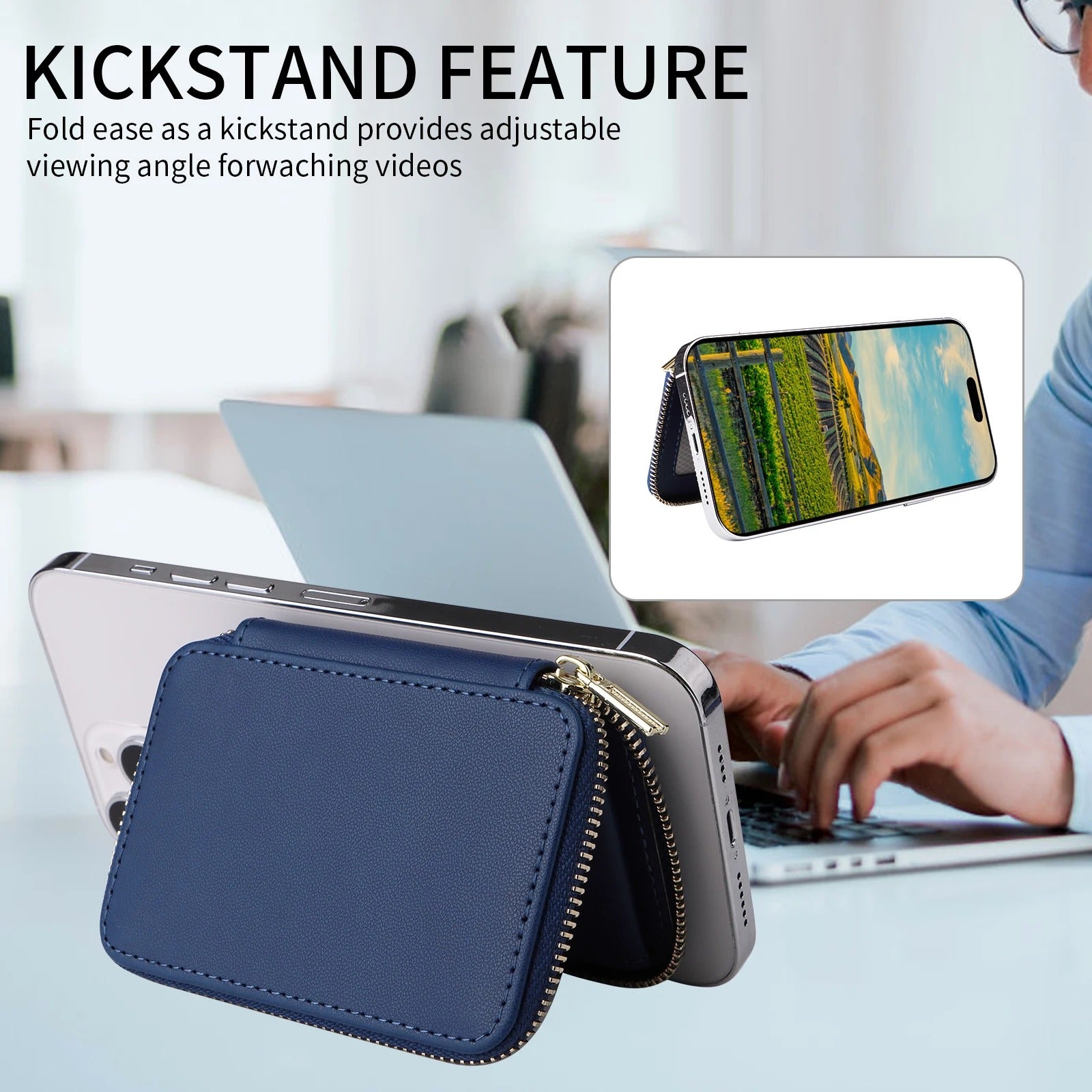 Refined iPhone Magnetic Leather Wallet, MagSafe-Compatible Card Holder with RFID Blocking, Slim Storage Design with Lanyard Support