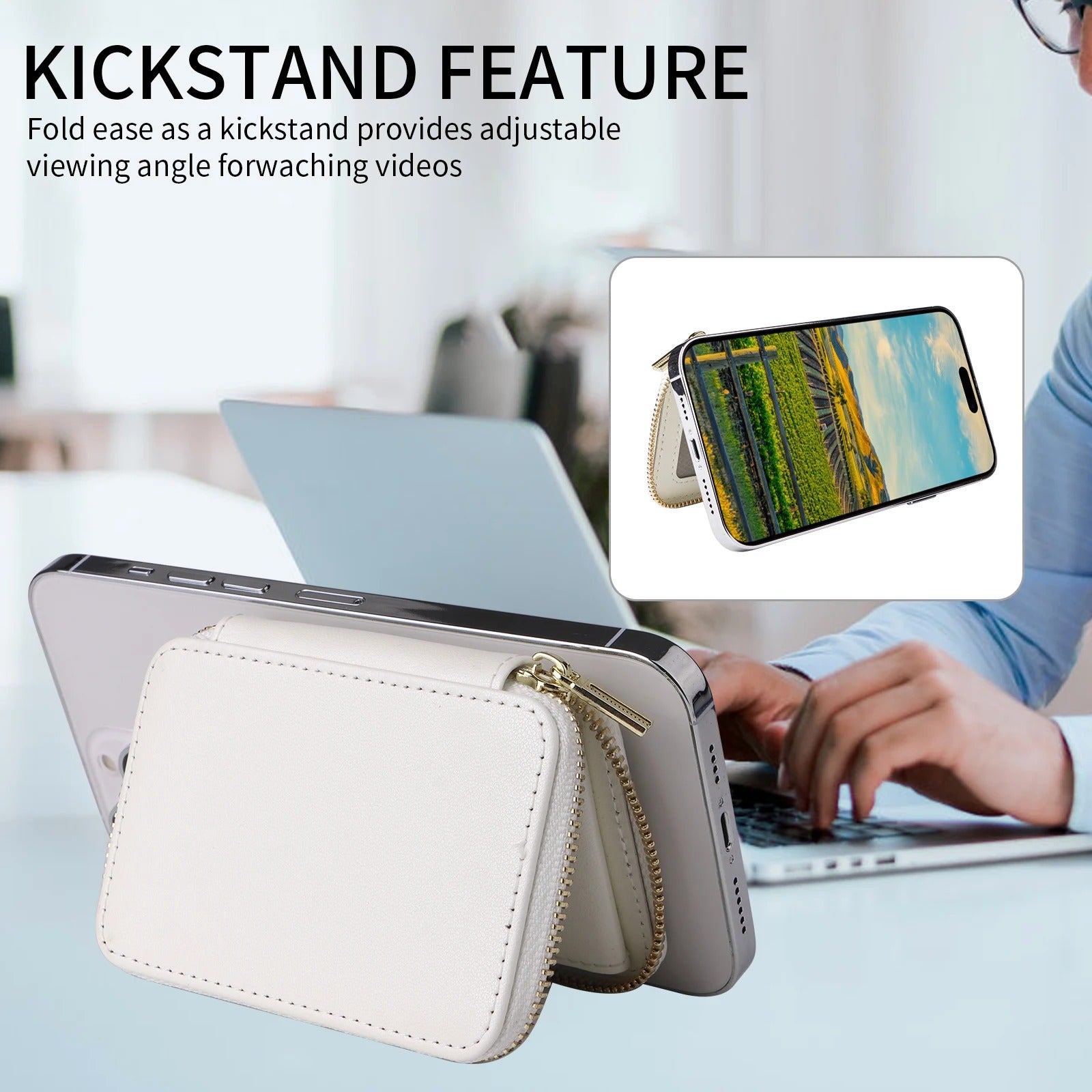 Refined iPhone Magnetic Leather Wallet, MagSafe-Compatible Card Holder with RFID Blocking, Slim Storage Design with Lanyard Support