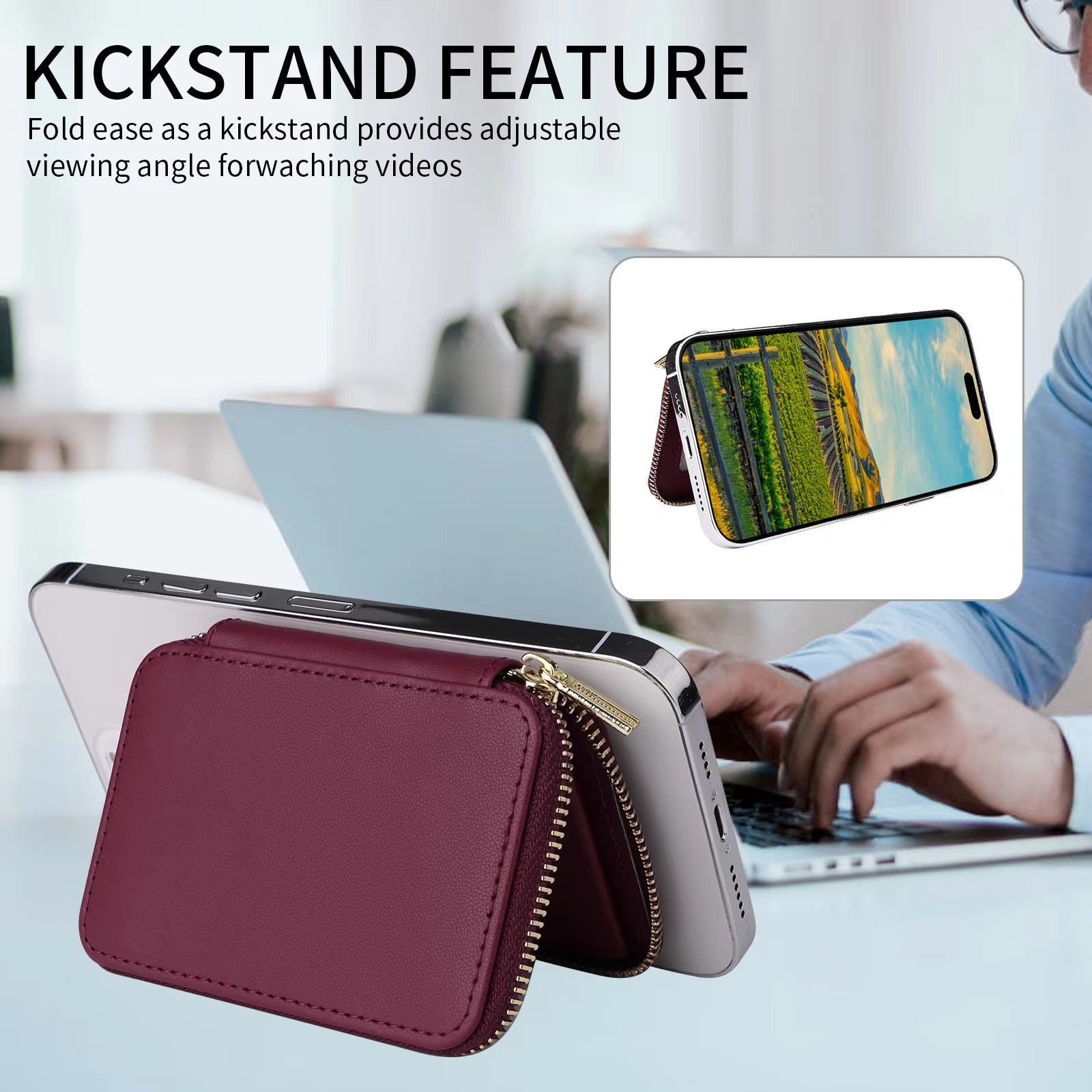Refined iPhone Magnetic Leather Wallet, MagSafe-Compatible Card Holder with RFID Blocking, Slim Storage Design with Lanyard Support