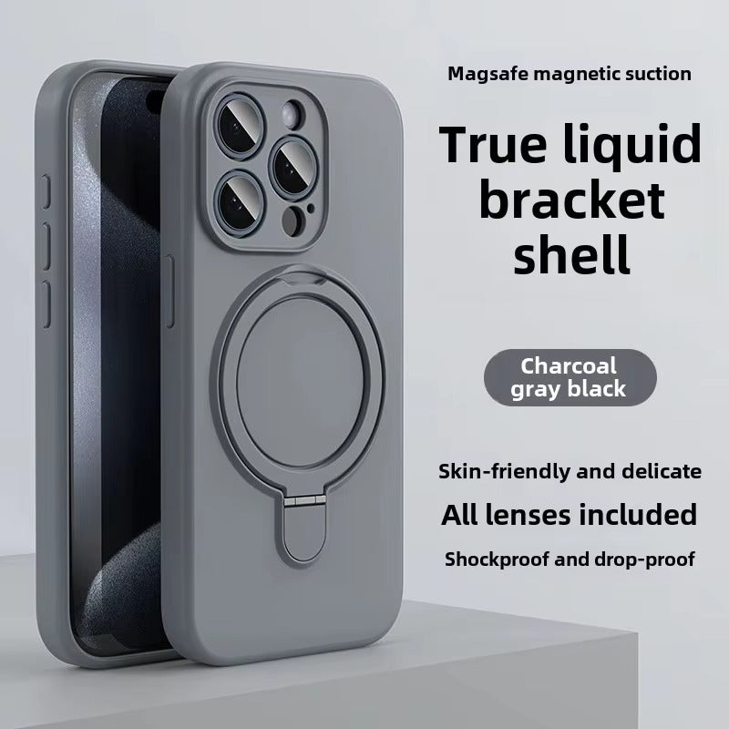 Luxury iPhone Liquid Silicone MagSafe Case — Magnetic Ring Holder Stand Cover, Shockproof Anti-Fingerprint Design, Wireless Charging Compatible Non-Slip Protection