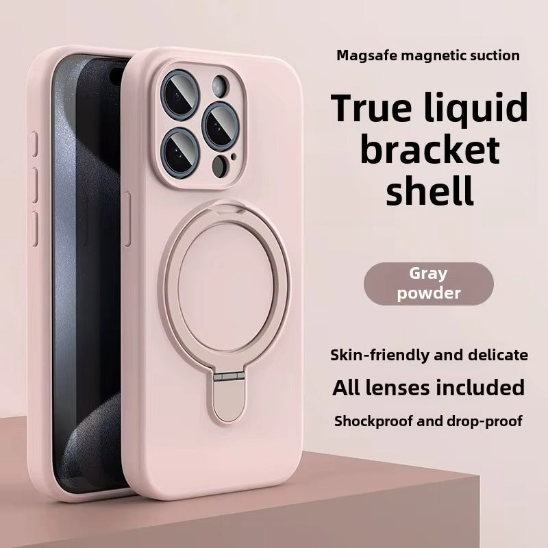 Luxury iPhone Liquid Silicone MagSafe Case — Magnetic Ring Holder Stand Cover, Shockproof Anti-Fingerprint Design, Wireless Charging Compatible Non-Slip Protection