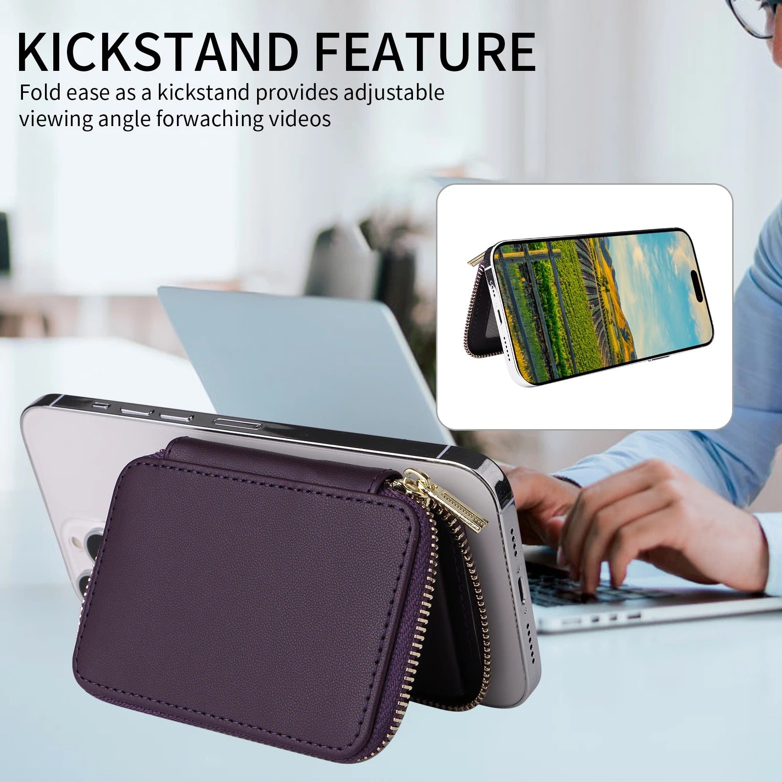Refined iPhone Magnetic Leather Wallet, MagSafe-Compatible Card Holder with RFID Blocking, Slim Storage Design with Lanyard Support