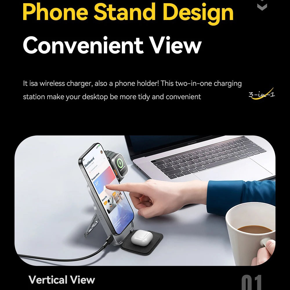 Ultra-Slim iPhone 3-in-1 Portable Wireless Charger Stand, 15W Magnetic Fast-Charge Dock for Phone, Watch & Earbuds with Foldable Design