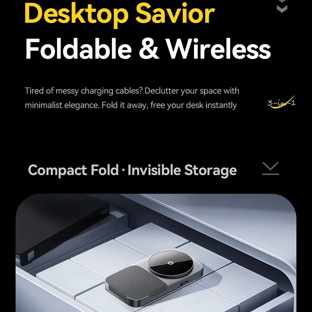 Ultra-Slim iPhone 3-in-1 Portable Wireless Charger Stand, 15W Magnetic Fast-Charge Dock for Phone, Watch & Earbuds with Foldable Design