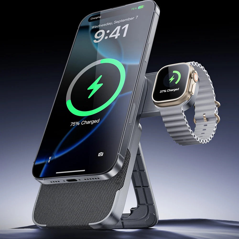 Ultra-Slim iPhone 3-in-1 Portable Wireless Charger Stand, 15W Magnetic Fast-Charge Dock for Phone, Watch & Earbuds with Foldable Design