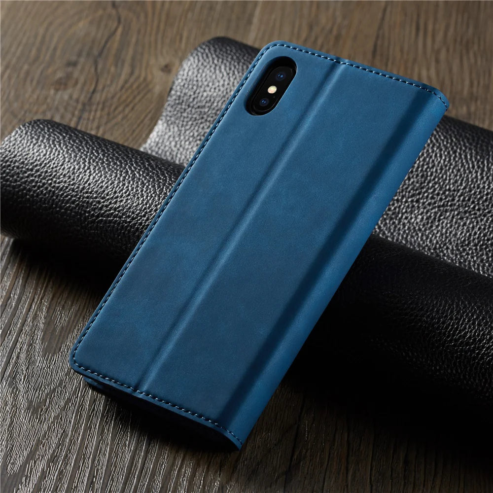 Ultra-Slim iPhone Leather Flip Wallet Case — Magnetic Suede Cover with Card Slots, Cash Pocket, Stand Function, Lightweight Full Body Protective Design