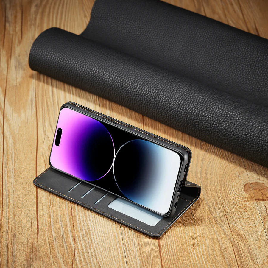 Ultra-Slim iPhone Leather Flip Wallet Case — Magnetic Suede Cover with Card Slots, Cash Pocket, Stand Function, Lightweight Full Body Protective Design