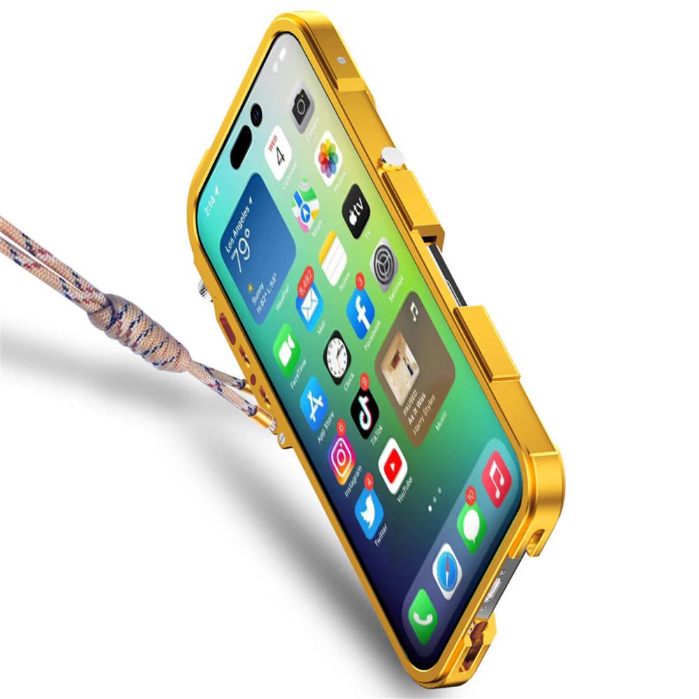 Rugged iPhone Case Aluminum Alloy Bumper Frame — Lightweight Metal Armor Cover, Shockproof Protective Shell with Smooth Edges and Included Lanyard