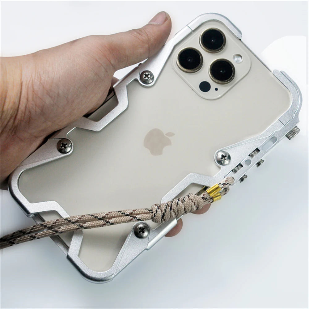 Rugged iPhone Case Aluminum Alloy Bumper Frame — Lightweight Metal Armor Cover, Shockproof Protective Shell with Smooth Edges and Included Lanyard