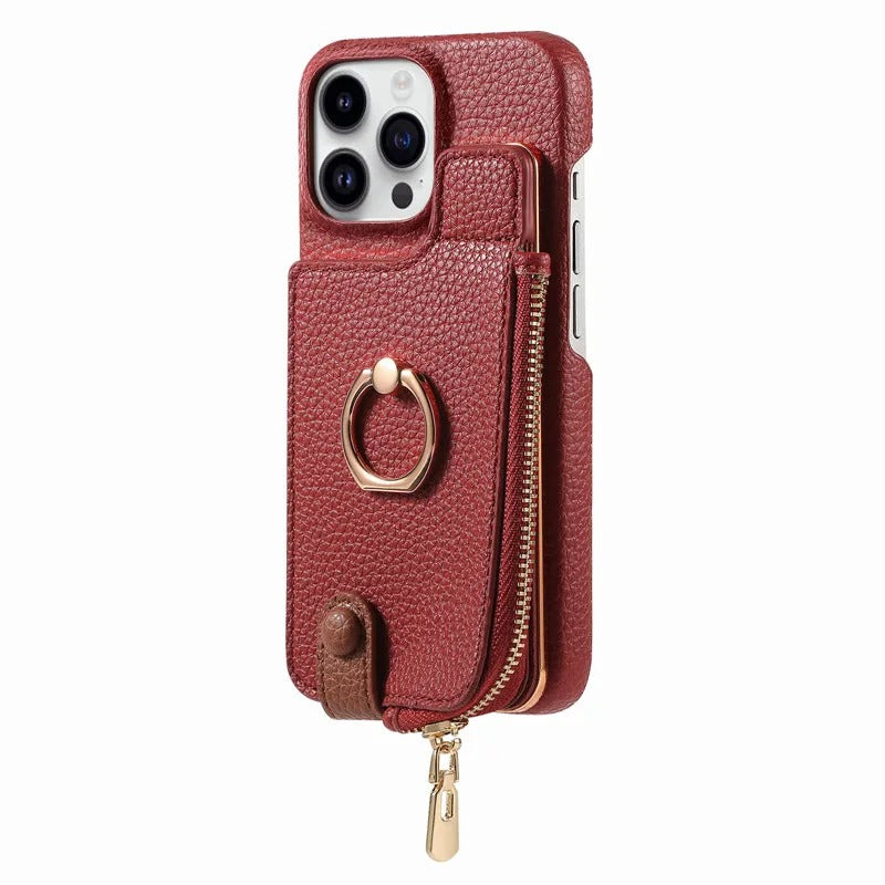Luxury iPhone Leather Zipper Wallet Case — Card Holder Slot, Ring Kickstand Stand, Magnetic Closure, Shockproof Drop Protection, Anti-Fingerprint Design