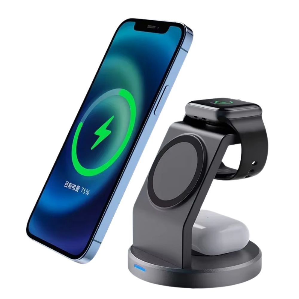 Elite iPhone 3-in-1 Wireless Charging Station, Magnetic 15W Fast-Charge Stand for Phone, Watch & Earbuds with Compact Desktop Design