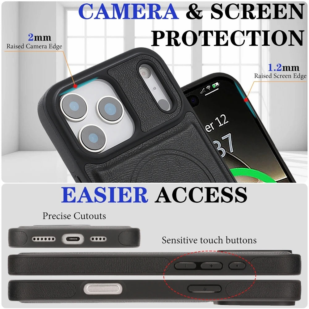Elite iPhone Magnetic Leather Wallet Case, MagSafe-Compatible Flip Card Holder with Dual-Layer Shock Protection & Matte Finish