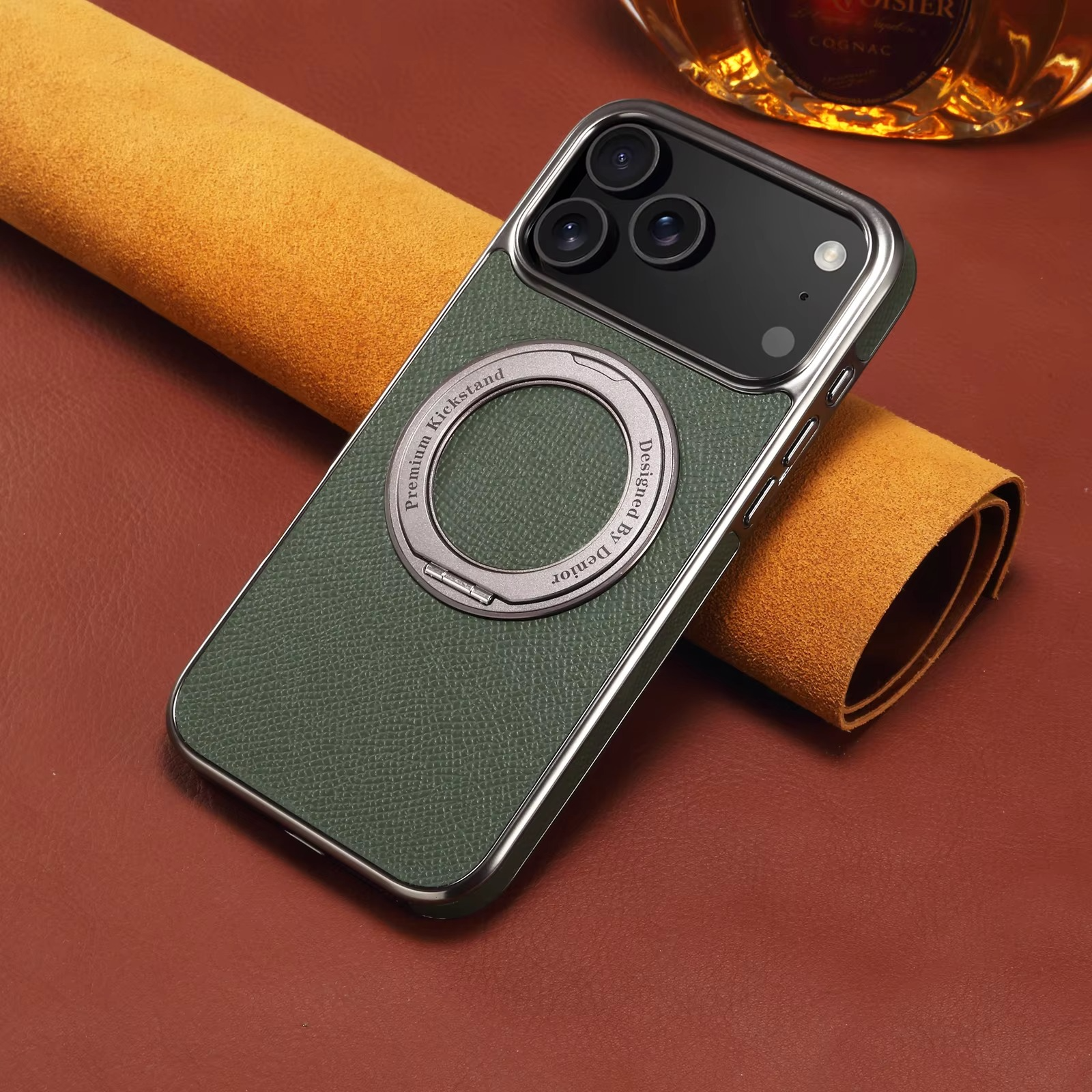 High-End Magnetic iPhone Case — Genuine Cowhide Leather Full Coverage with Invisible Ring Bracket, Shockproof Anti-Fingerprint Slim Design