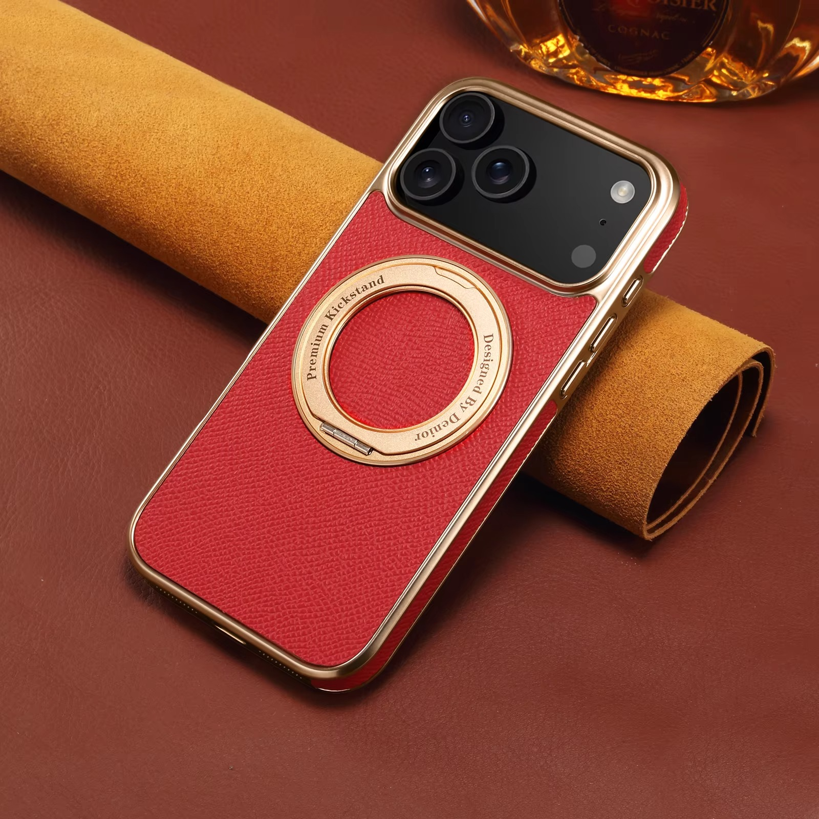 High-End Magnetic iPhone Case — Genuine Cowhide Leather Full Coverage with Invisible Ring Bracket, Shockproof Anti-Fingerprint Slim Design