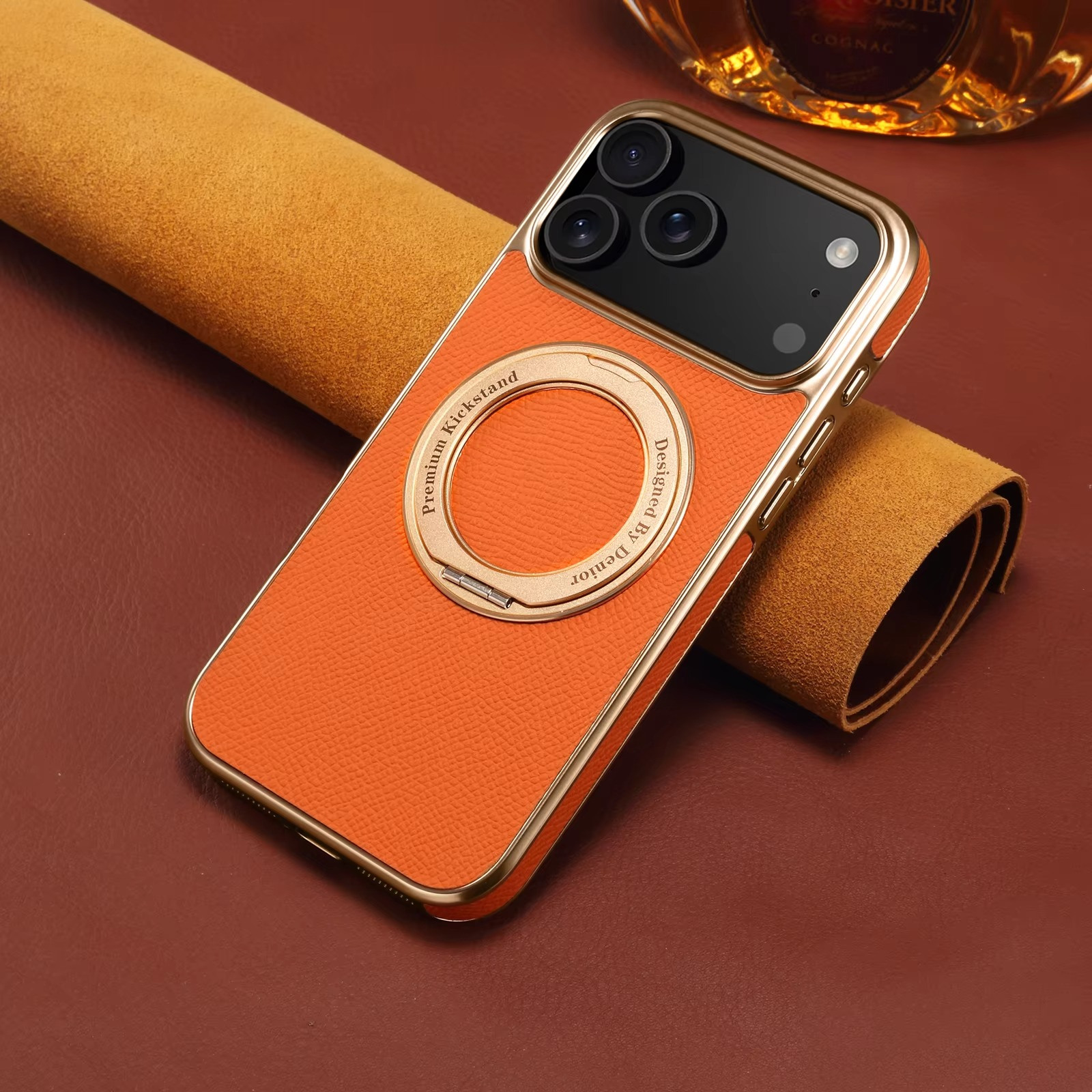 High-End Magnetic iPhone Case — Genuine Cowhide Leather Full Coverage with Invisible Ring Bracket, Shockproof Anti-Fingerprint Slim Design