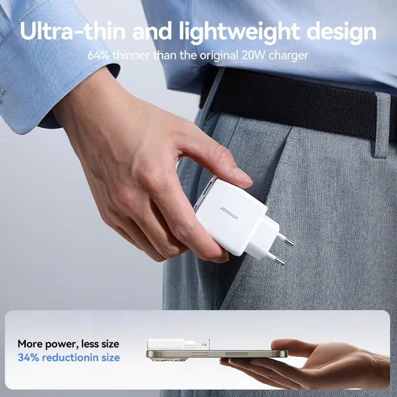 High-Quality 20W GaN Fast Wall Charger with USB-C PD & USB-A QC 3.0, Dual-Port Charging, Slim Lightweight Travel Power Adapter