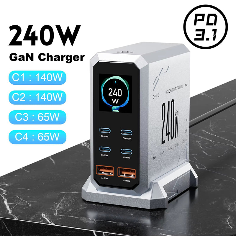 High-Quality 240W GaN Desktop Charger with PD 3.1 & PPS, 140W USB-C Fast Output, 6-Port Multi-Device Charging Station with Display