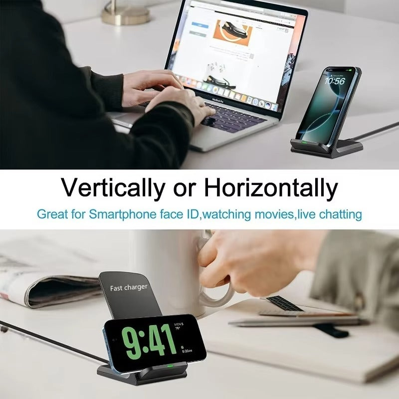 High-Quality 30W Wireless Charger Stand with Rapid Charging, Compact Foldable Design, Vertical & Horizontal Viewing, USB-C Power & Built-In Safety Guard