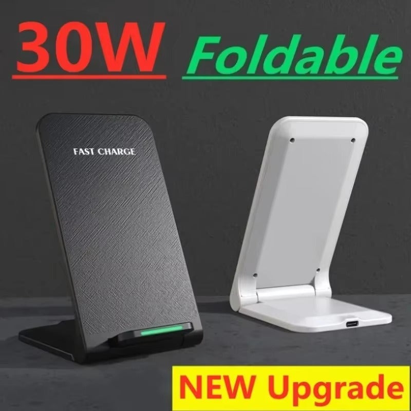 High-Quality 30W Wireless Charger Stand with Rapid Charging, Compact Foldable Design, Vertical & Horizontal Viewing, USB-C Power & Built-In Safety Guard