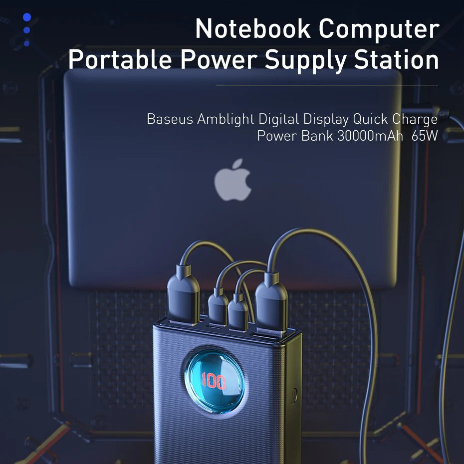 High-Quality 65W Fast Charging Power Bank 30000mAh with Built-In Cables, PD Two-Way Quick Charge External Battery Pack