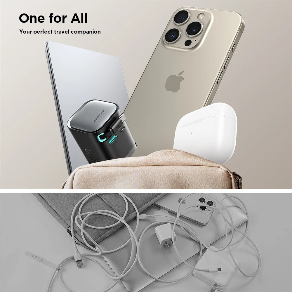 High-Quality 65W GaN Fast Charger with Built-In Retractable USB-C Cable, Dual USB Output, Compact Foldable Design, Multi-Device Travel Wall Adapter