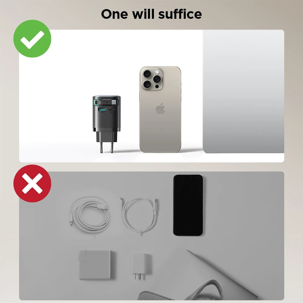 High-Quality 65W GaN Fast Charger with Built-In Retractable USB-C Cable, Dual USB Output, Compact Foldable Design, Multi-Device Travel Wall Adapter