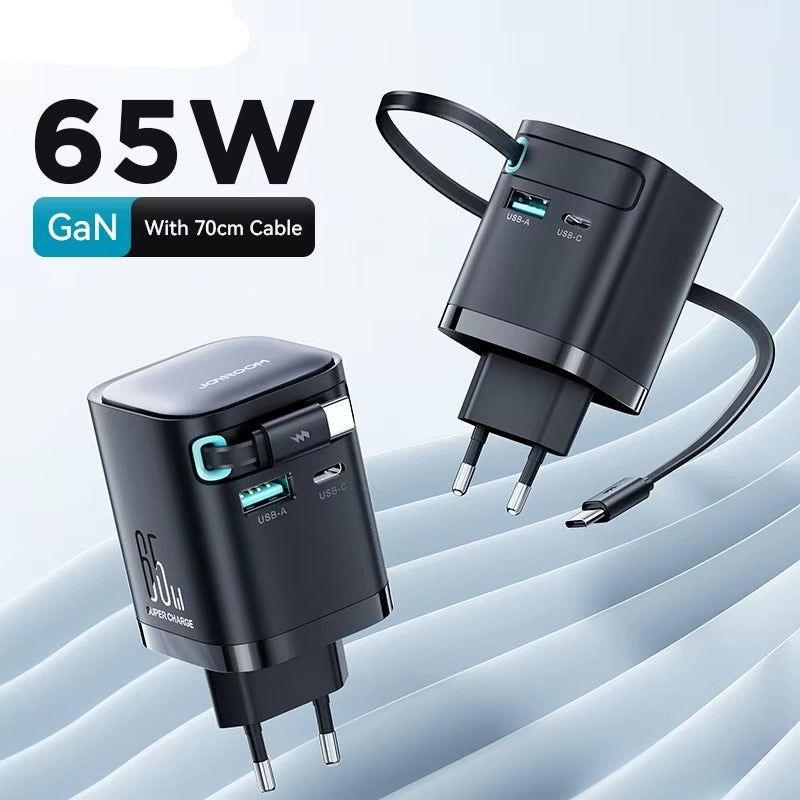 High-Quality 65W GaN Fast Charger with Built-In Retractable USB-C Cable, Dual USB Output, Compact Foldable Design, Multi-Device Travel Wall Adapter