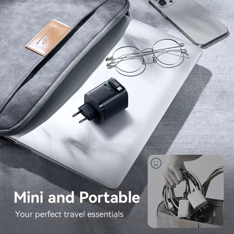High-Quality 65W GaN Fast Charger with Built-In Retractable USB-C Cable, Dual USB Output, Compact Foldable Design, Multi-Device Travel Wall Adapter