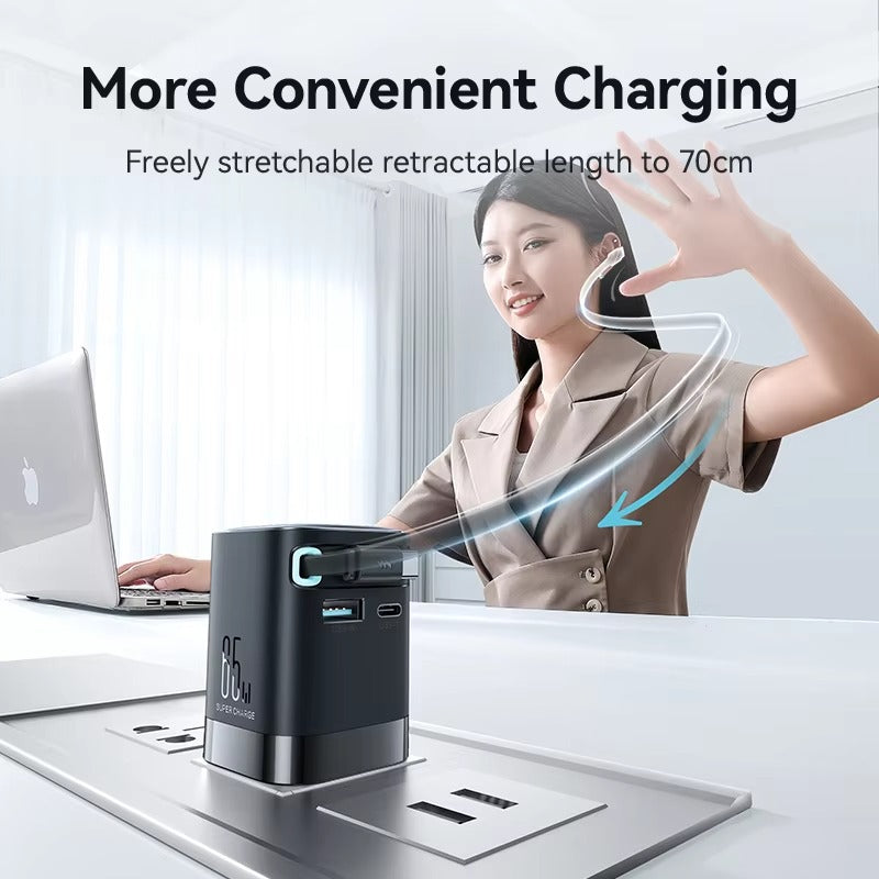 High-Quality 65W GaN Fast Charger with Built-In Retractable USB-C Cable, Dual USB Output, Compact Foldable Design, Multi-Device Travel Wall Adapter