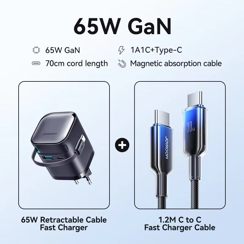 High-Quality 65W GaN Fast Charger with Built-In Retractable USB-C Cable, Dual USB Output, Compact Foldable Design, Multi-Device Travel Wall Adapter