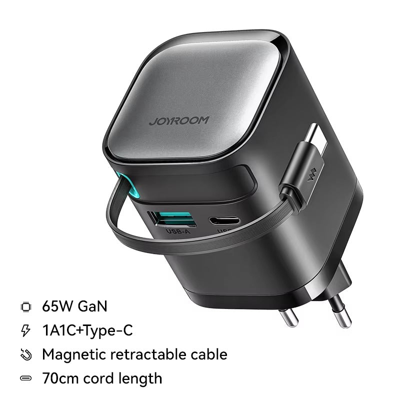 High-Quality 65W GaN Fast Charger with Built-In Retractable USB-C Cable, Dual USB Output, Compact Foldable Design, Multi-Device Travel Wall Adapter