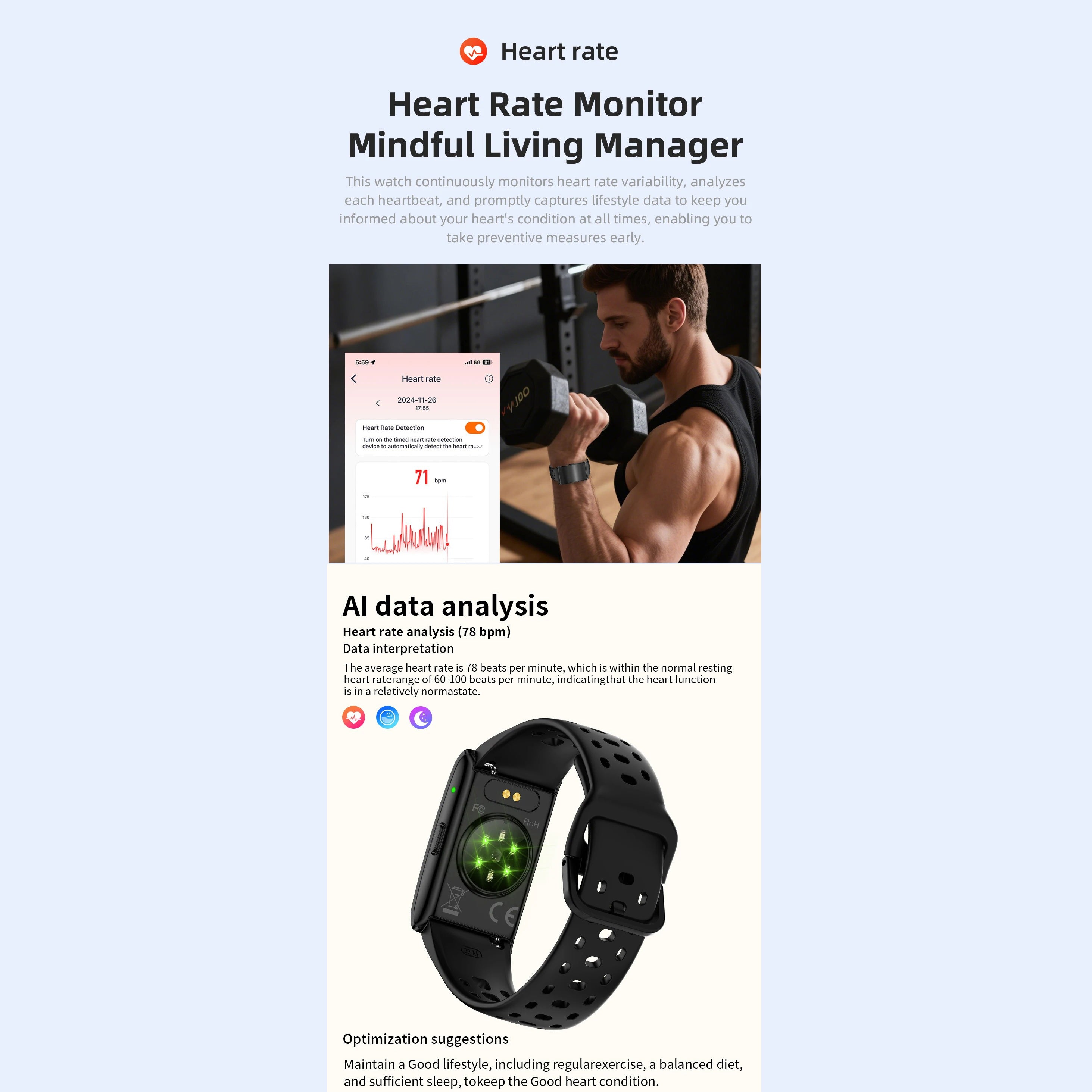 High-Quality GPS Fitness Smart Bracelet with 24h Health Tracking, Heart Rate & Blood Oxygen Monitor, Sleep Analysis, Activity & Call Alerts