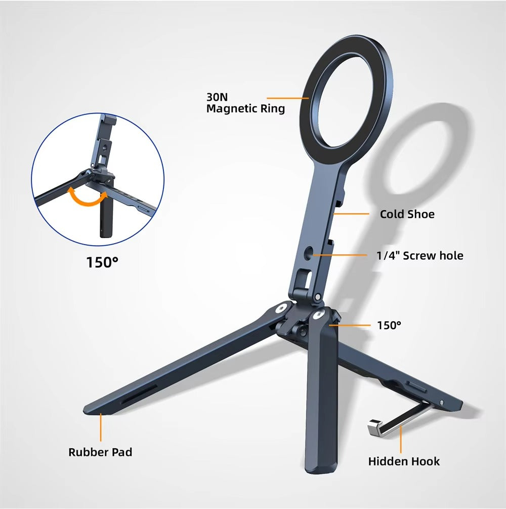 High-Quality MagSafe Pocket Phone Tripod, Foldable Magnetic Stand with Ring Grip, Cold Shoe Mount & 1/4″ Screw Adapter