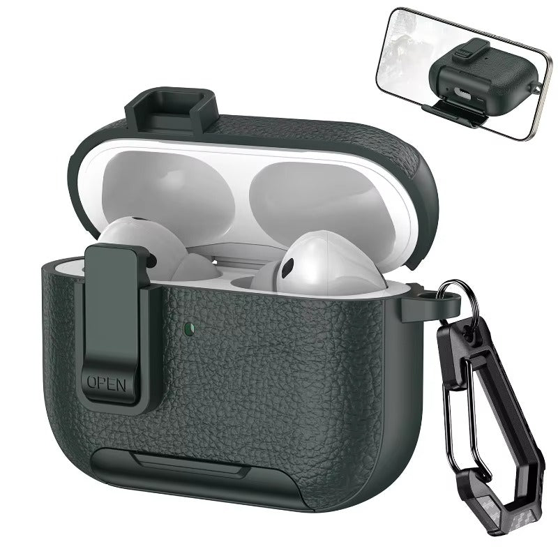 Luxury AirPods Pro 3 Leather-Texture Protective Case with Secure Lock, Invisible Phone Stand, Shockproof Dustproof Design & Wireless Charging Support
