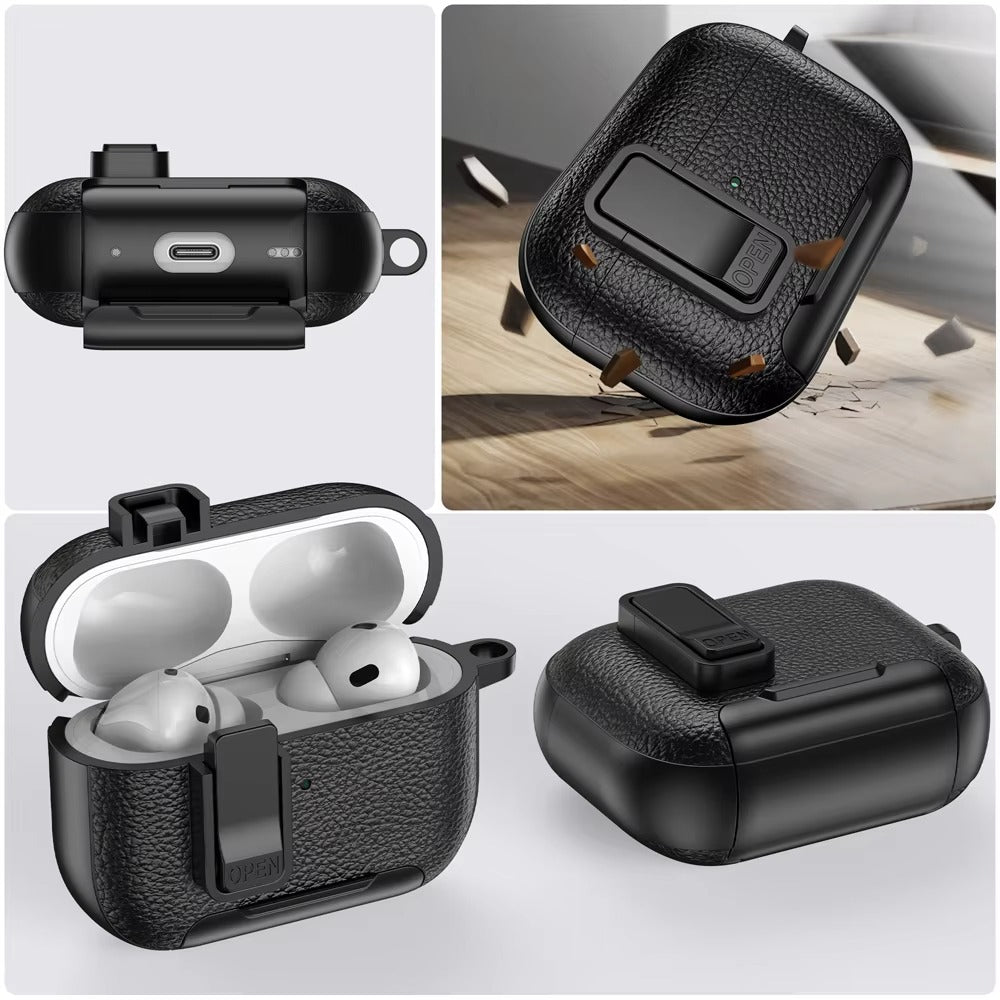 Luxury AirPods Pro 3 Leather-Texture Protective Case with Secure Lock, Invisible Phone Stand, Shockproof Dustproof Design & Wireless Charging Support
