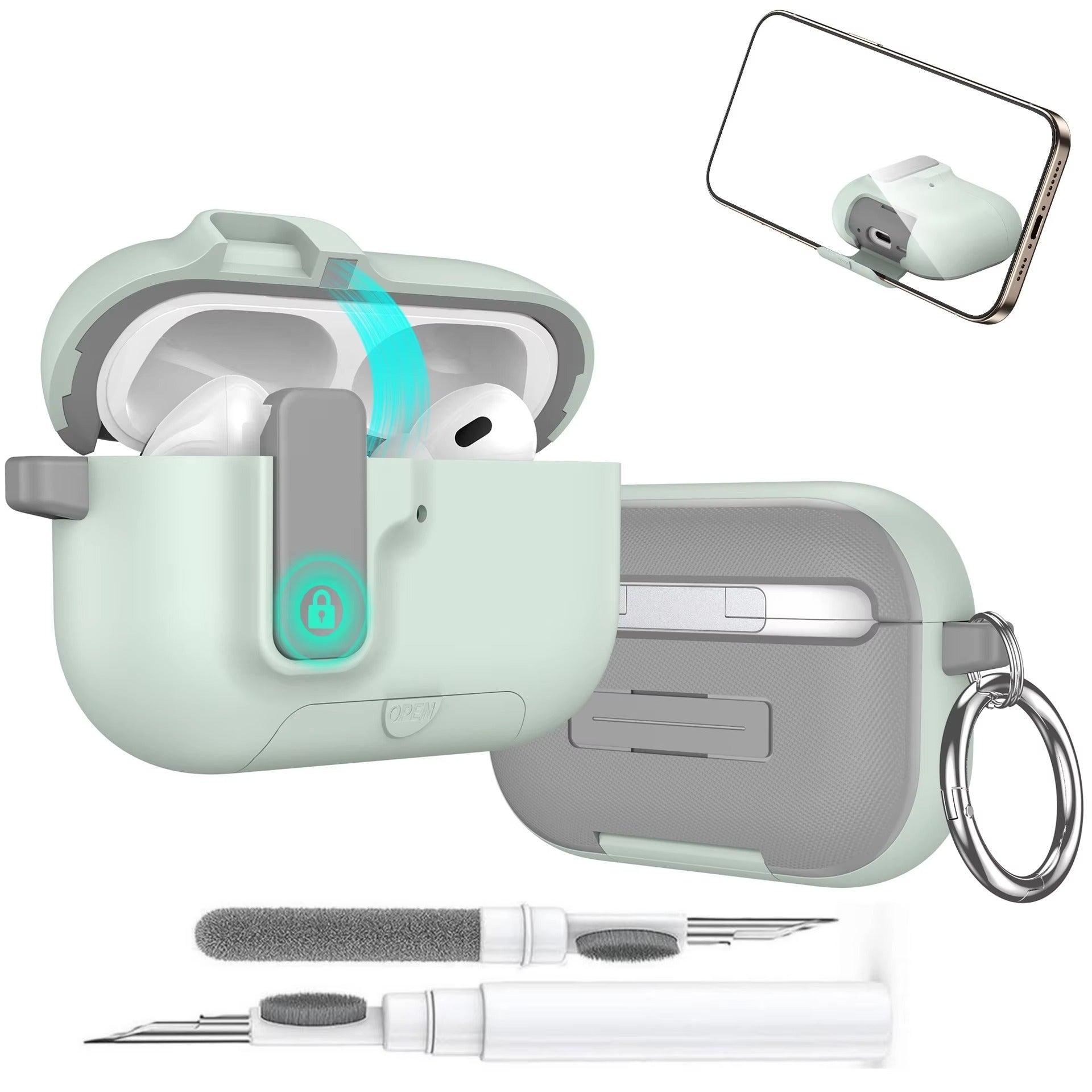 Luxury AirPods Pro 3 TPU Protective Case with Magnetic Auto-Lock, Built-In Phone Stand & Cleaner Kit – Full Coverage Shockproof Design