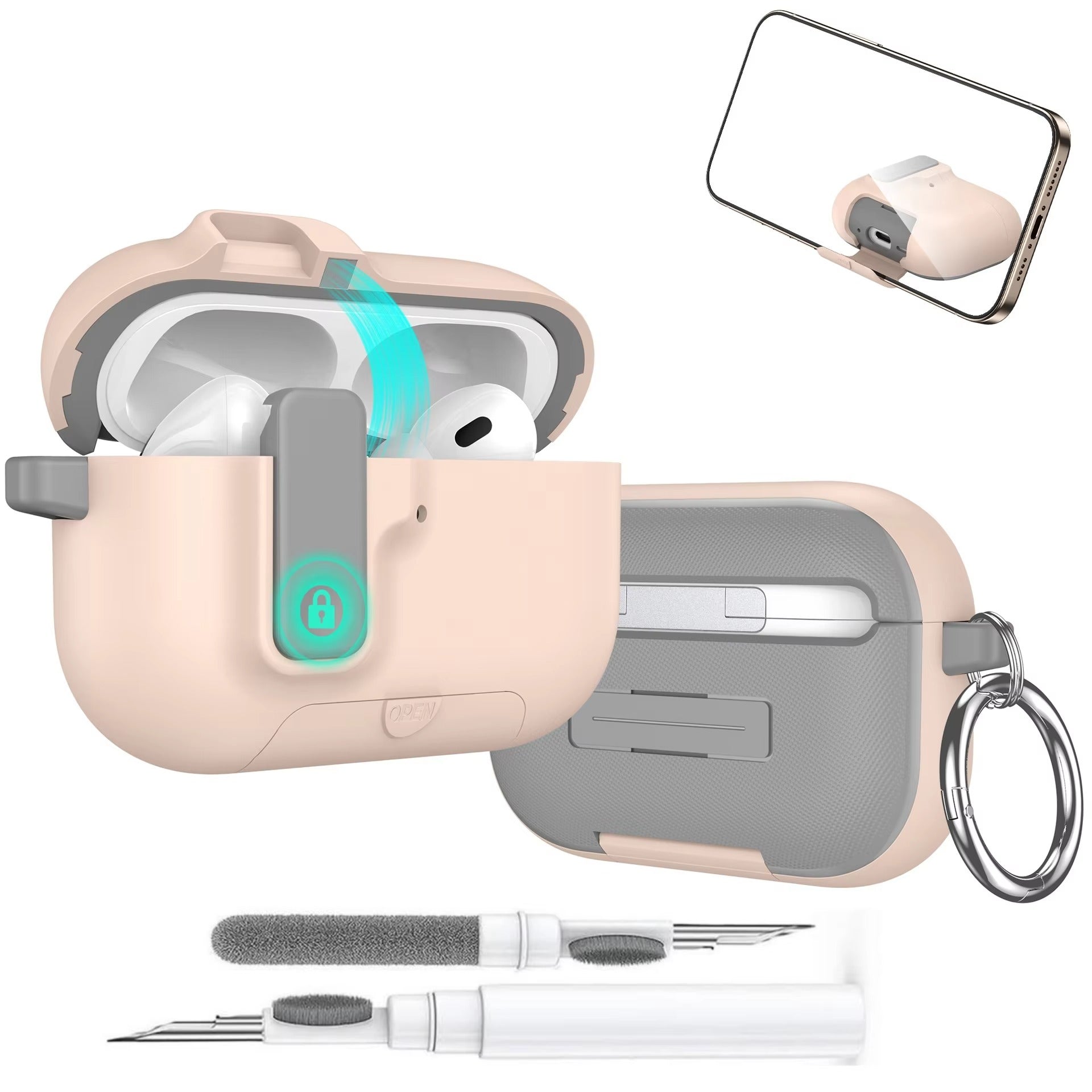 Luxury AirPods Pro 3 TPU Protective Case with Magnetic Auto-Lock, Built-In Phone Stand & Cleaner Kit – Full Coverage Shockproof Design