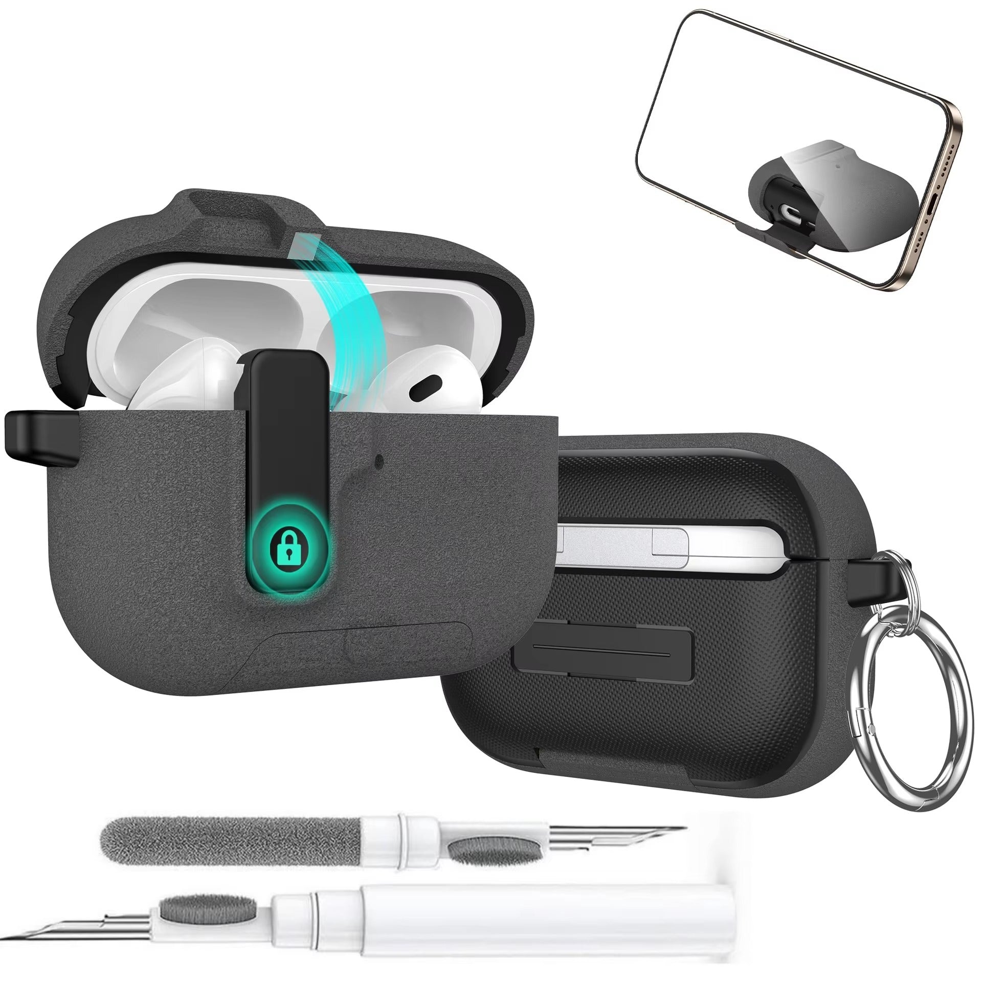 Luxury AirPods Pro 3 TPU Protective Case with Magnetic Auto-Lock, Built-In Phone Stand & Cleaner Kit – Full Coverage Shockproof Design